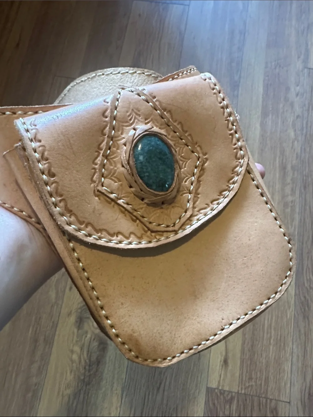 Handmade Cream Tan Leather Belt Bag with Gem Accent